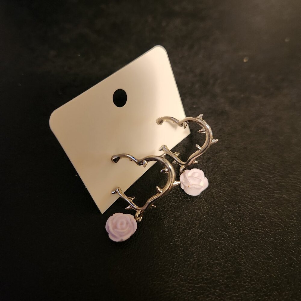 Silver and Purple Heart Hoop Earrings